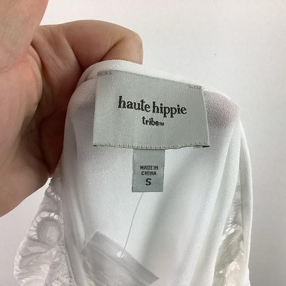 Haute Hippie Tribe White Woven Chiffon Top with Lace Sleeves - Picture 3 of 5